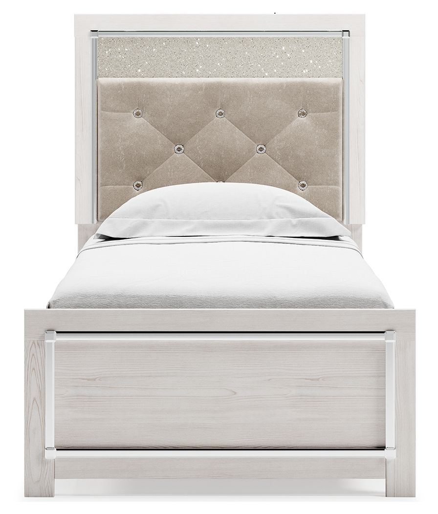 White panel bed with light gray upholstered headboard and one footboard drawer.