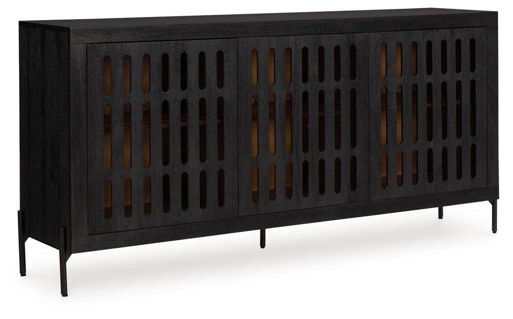 Black accent cabinet with vented slatted doors and four splayed legs