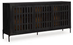 Black accent cabinet with vented slatted doors and four splayed legs