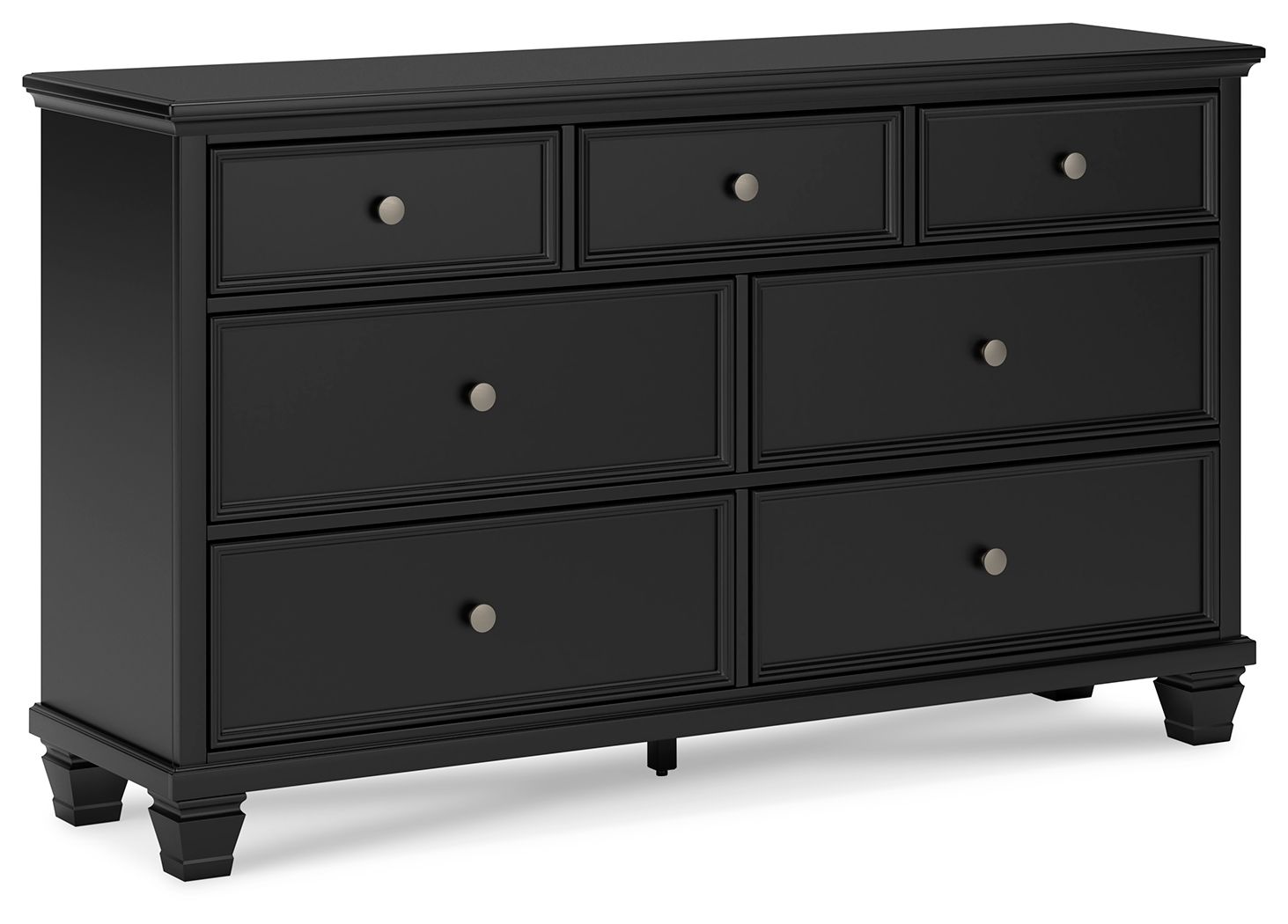 Black dresser with six drawers and round silver knobs, flat front panels, short legs