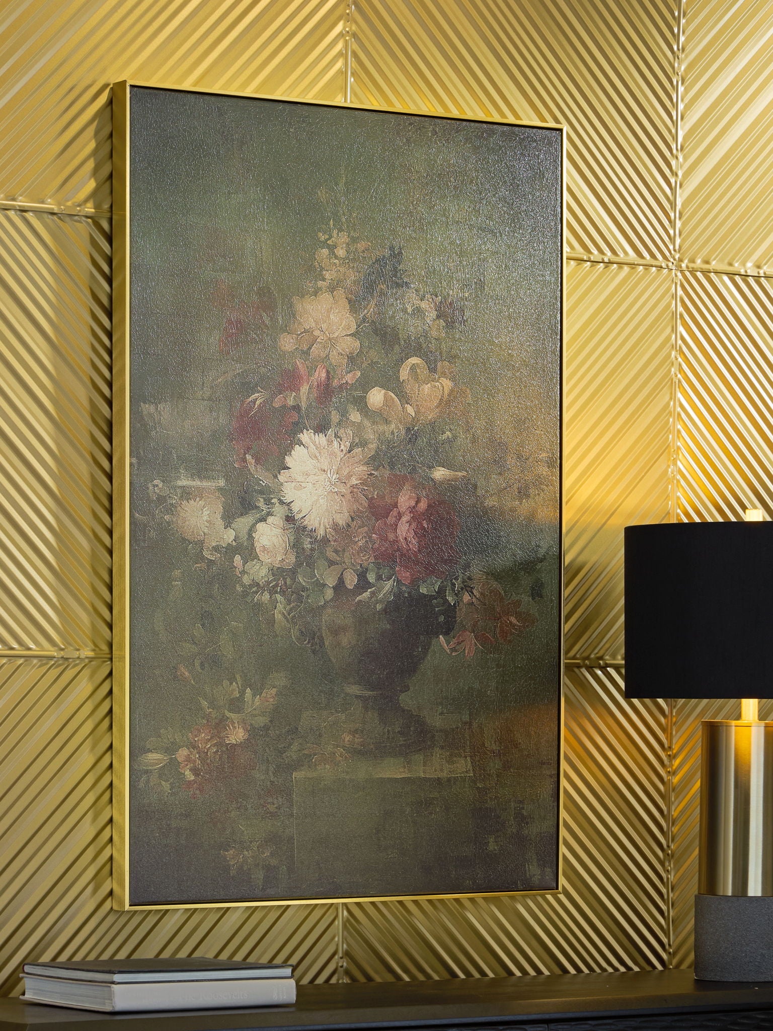 Flower wall art print in dark frame, muted bouquet with pale blooms