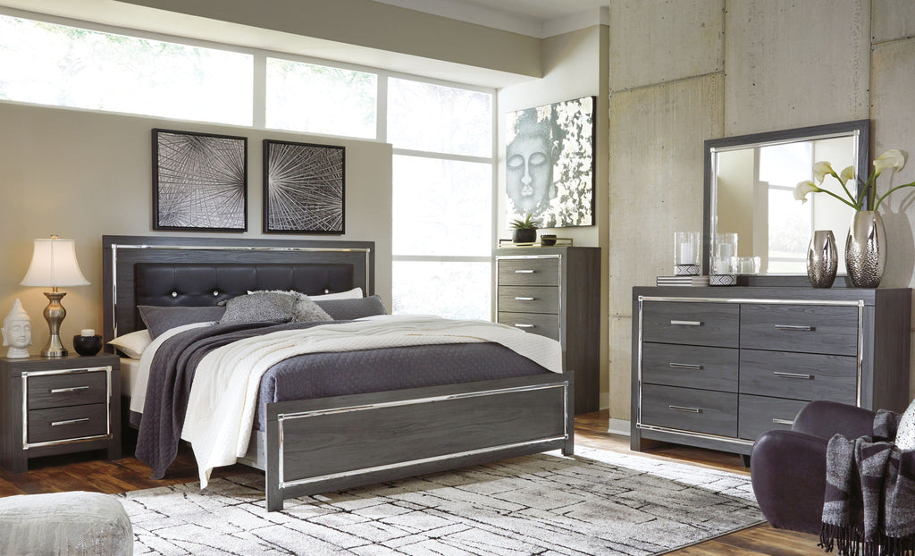 Dark gray bedroom set: bed frame with headboard, dresser, and matching nightstands