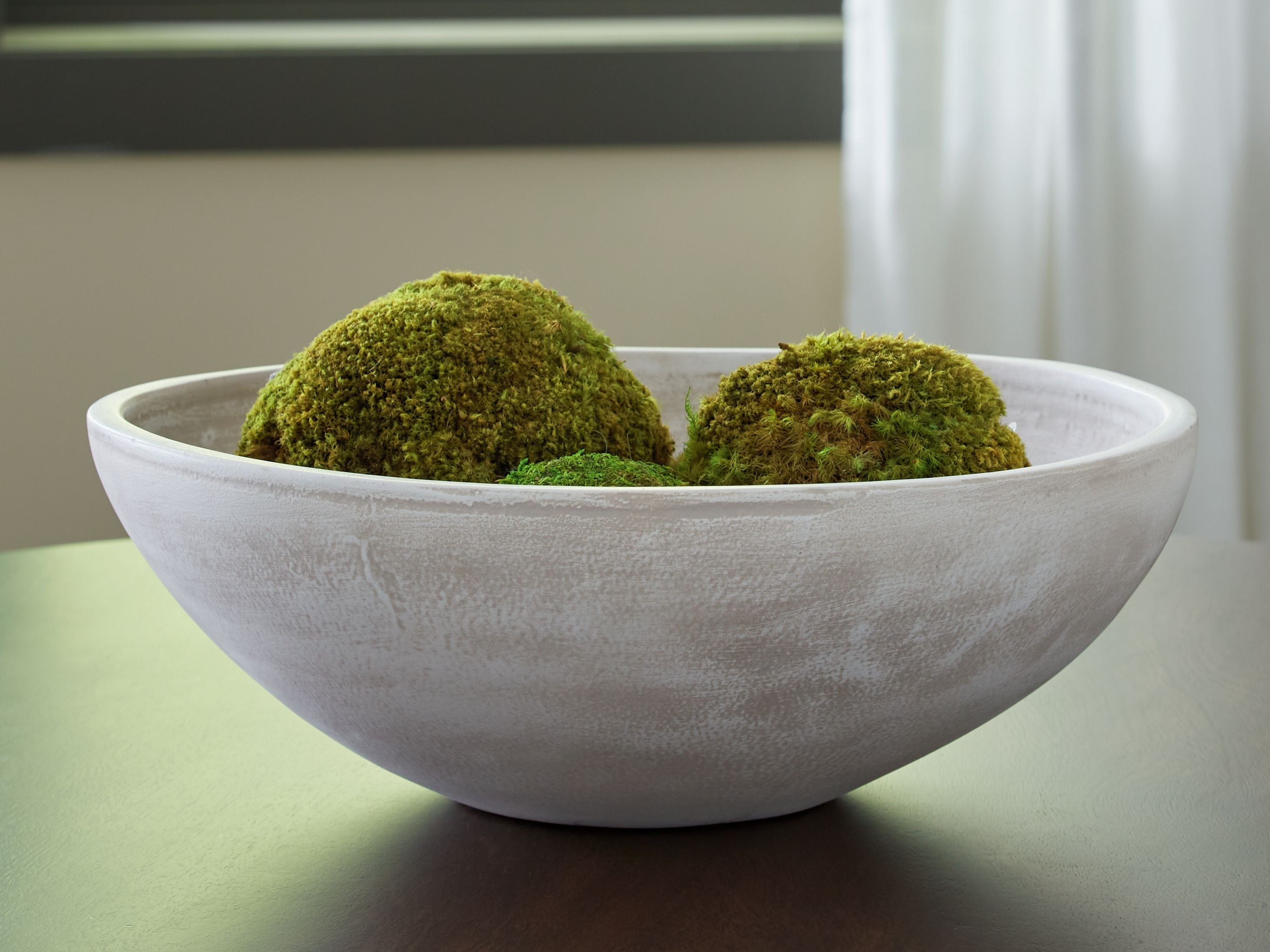 Meadie bowl, white ceramic with green moss balls