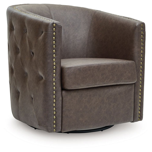 Brown swivel accent chair with tufted seat, squared arms, and gold nailhead trim
