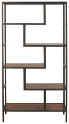 Dark brown bookcase with open cubbies and stacked rectangular shelves