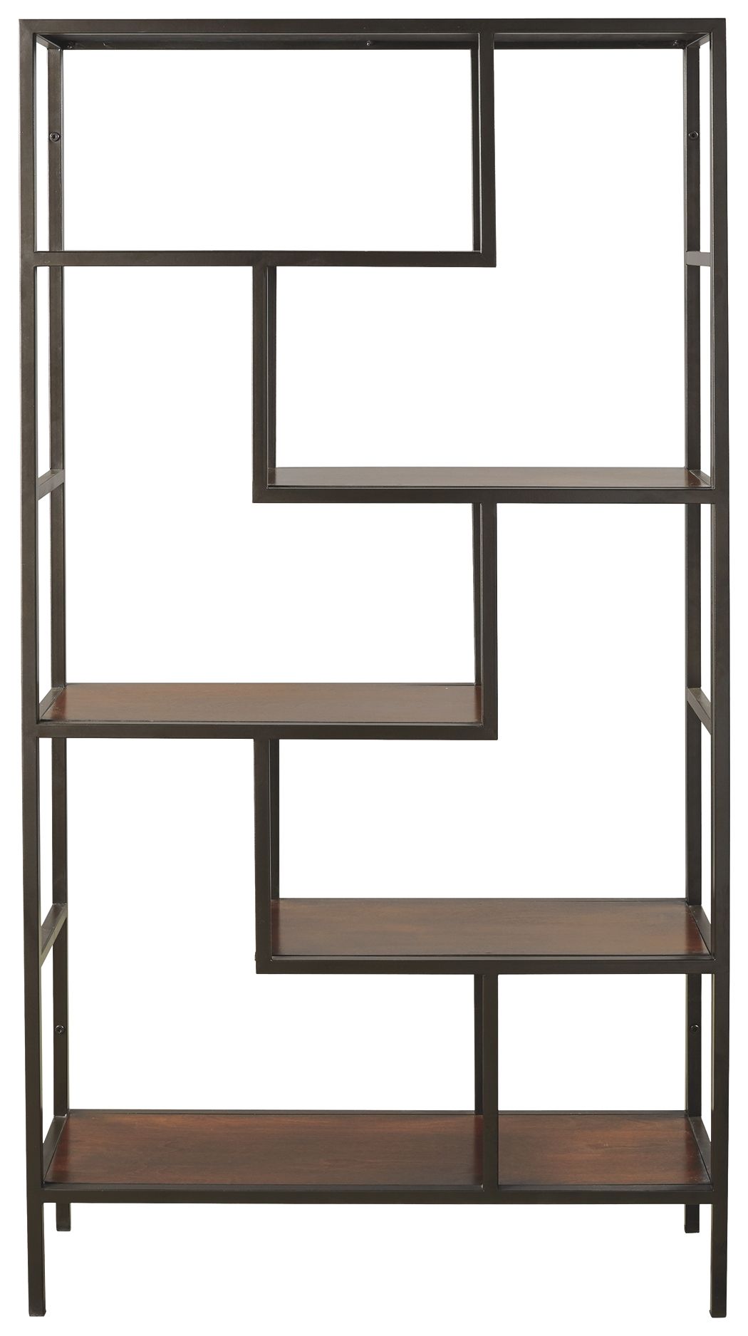 Dark brown bookcase with open cubbies and stacked rectangular shelves