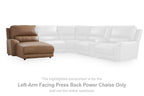 Caramel left-arm facing power chaise with press-back design and padded chaise base