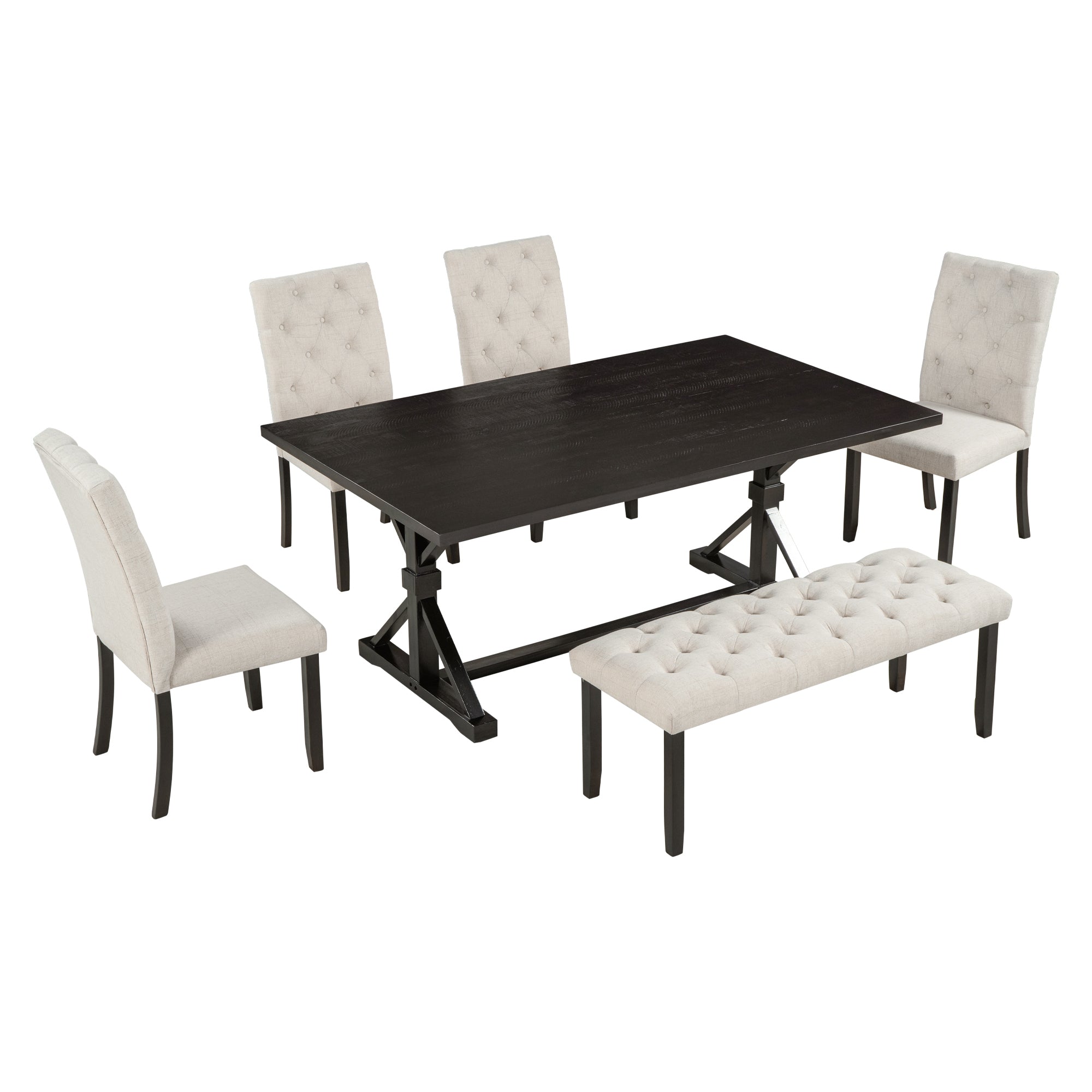 6-Piece Farmhouse Dining Set, 72" Table & Bench
