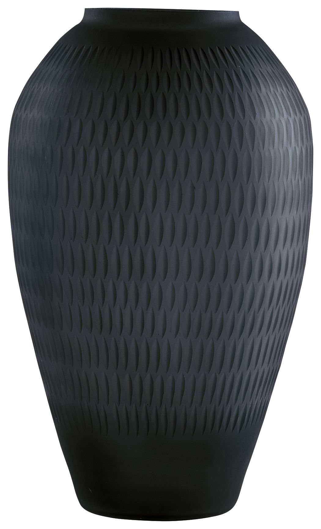 Etney vase, dark gray textured ceramic with repeating diamond-wave pattern, wide upper neck