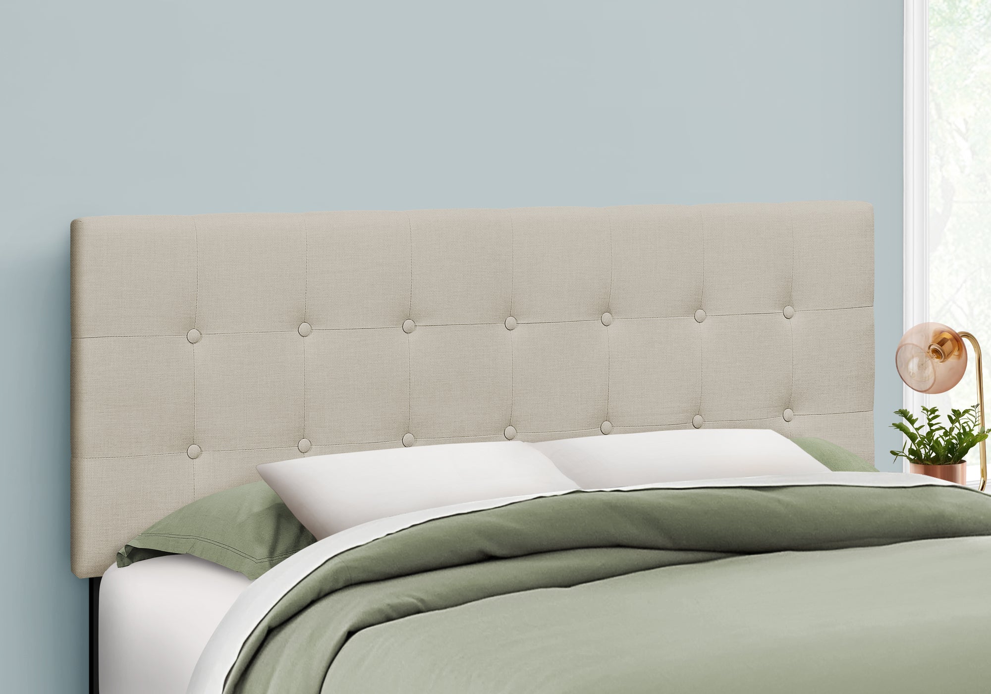 Transitional Queen Upholstered Headboard - Beige Linen Look