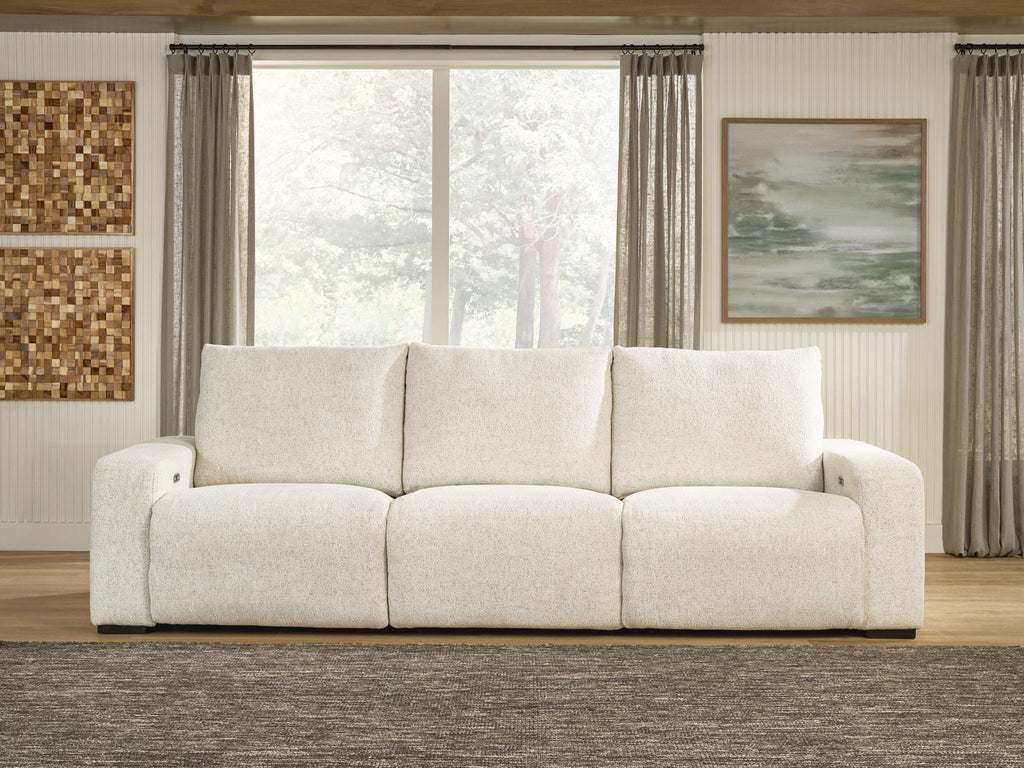 White power reclining sectional sofa with three front seat panels and cushioned back