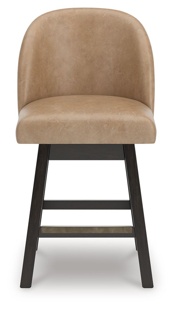 Upholstered barstool with tan faux leather seat and rounded back, dark wooden base