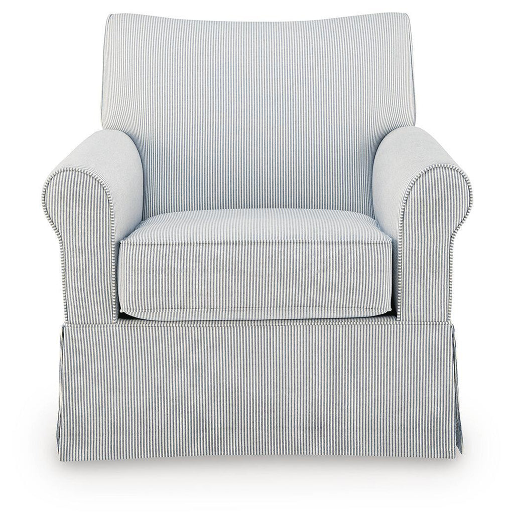Light blue and white striped upholstered swivel glider accent chair with rolled arms and skirt.