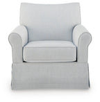 Light blue and white striped upholstered swivel glider accent chair with rolled arms and skirt.