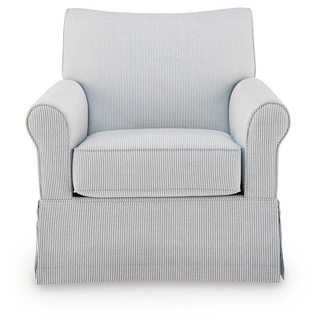 Light blue and white striped upholstered swivel glider accent chair with rolled arms and skirt.