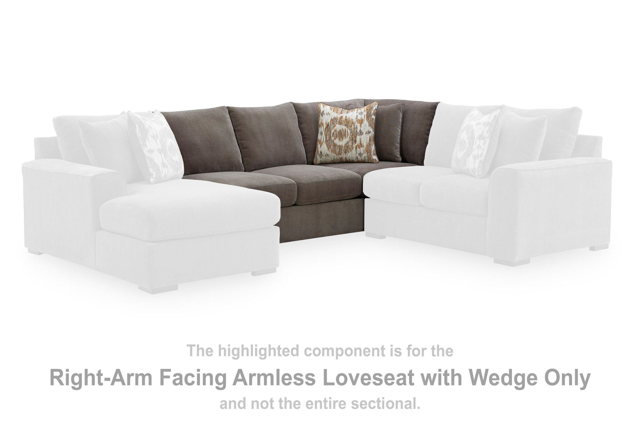 Wedge armless loveseat with dark gray cushions, white accent pillows, low arms, block legs