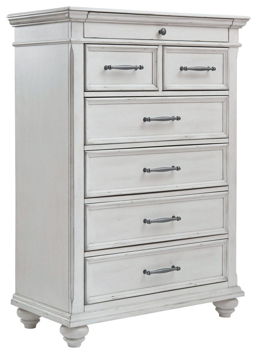 White wood chest of drawers with five drawers and metal bar pulls, turned feet.