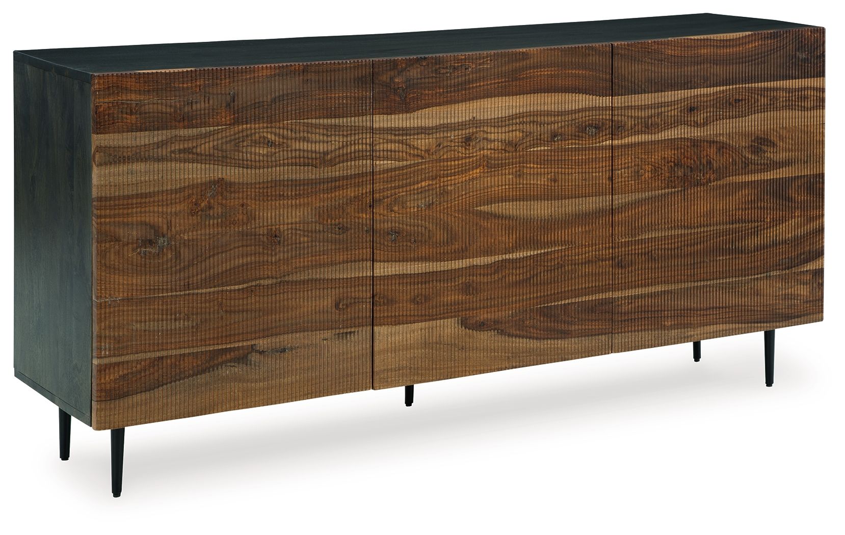 Brown wood accent cabinet with dark legs and three front panel doors