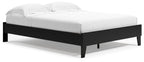 Queen platform bed in black wood frame with white mattress, tall headboard and footboard