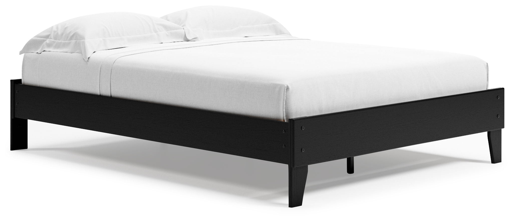 Queen platform bed in black wood frame with white mattress, tall headboard and footboard