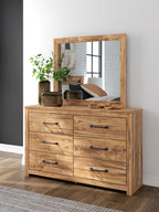Light brown six-drawer dresser with square mirror and black bar pulls on flat top.