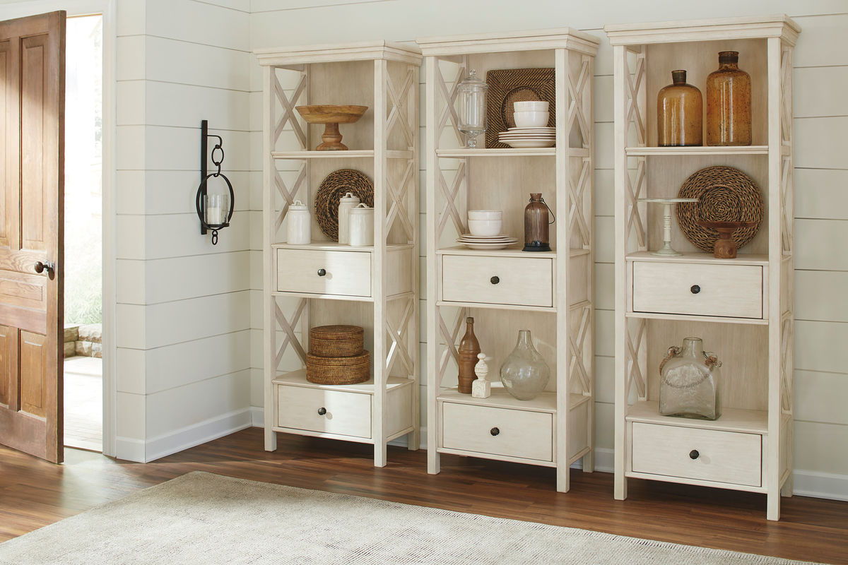 Dining table set: light wood display cabinets with open shelving and diamond-pattern doors