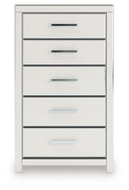 White five-drawer chest with five silver bar handles