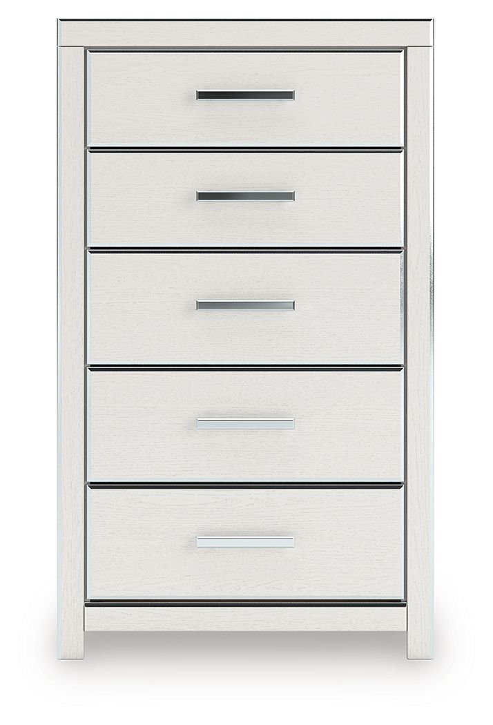 White five-drawer chest with five silver bar handles