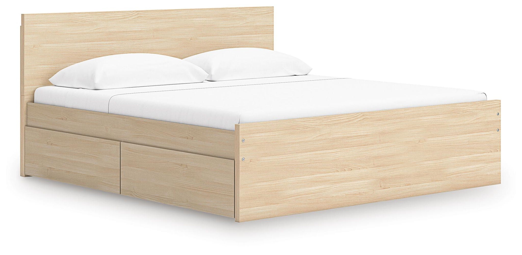 Light brown panel platform bed with underbed drawers and tall headboard, slat support included