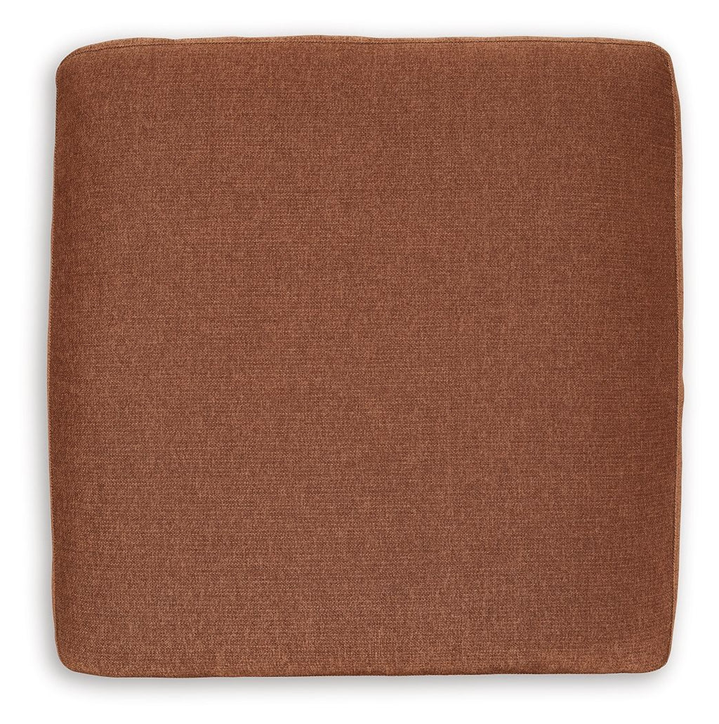 Brown upholstered accent ottoman with square seat and smooth fabric cover