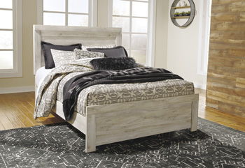 Queen panel rail bed frame in whitewash finish with paneled headboard and footboard