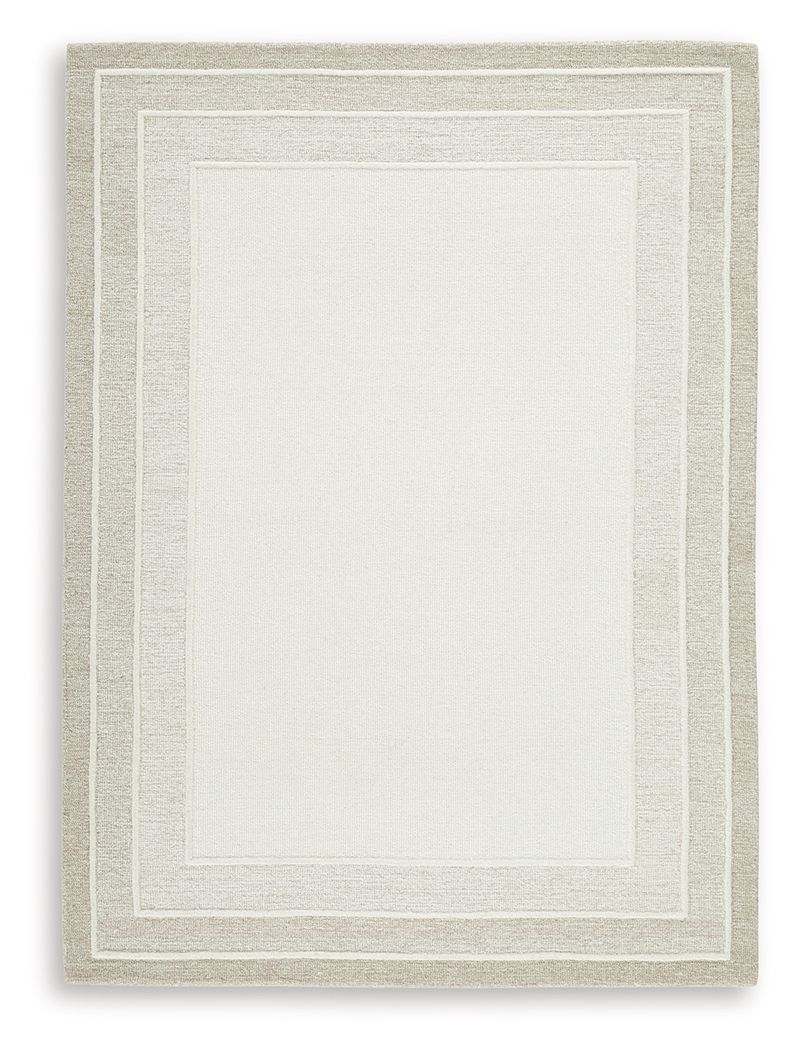 Beige area rug with squared center and double-line rectangular border pattern