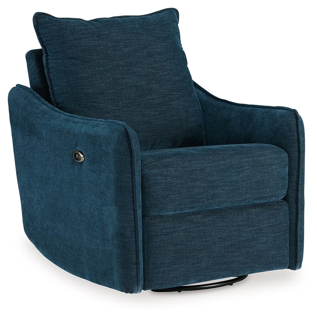 Navy swivel power recliner with padded armrests and cushioned backrest