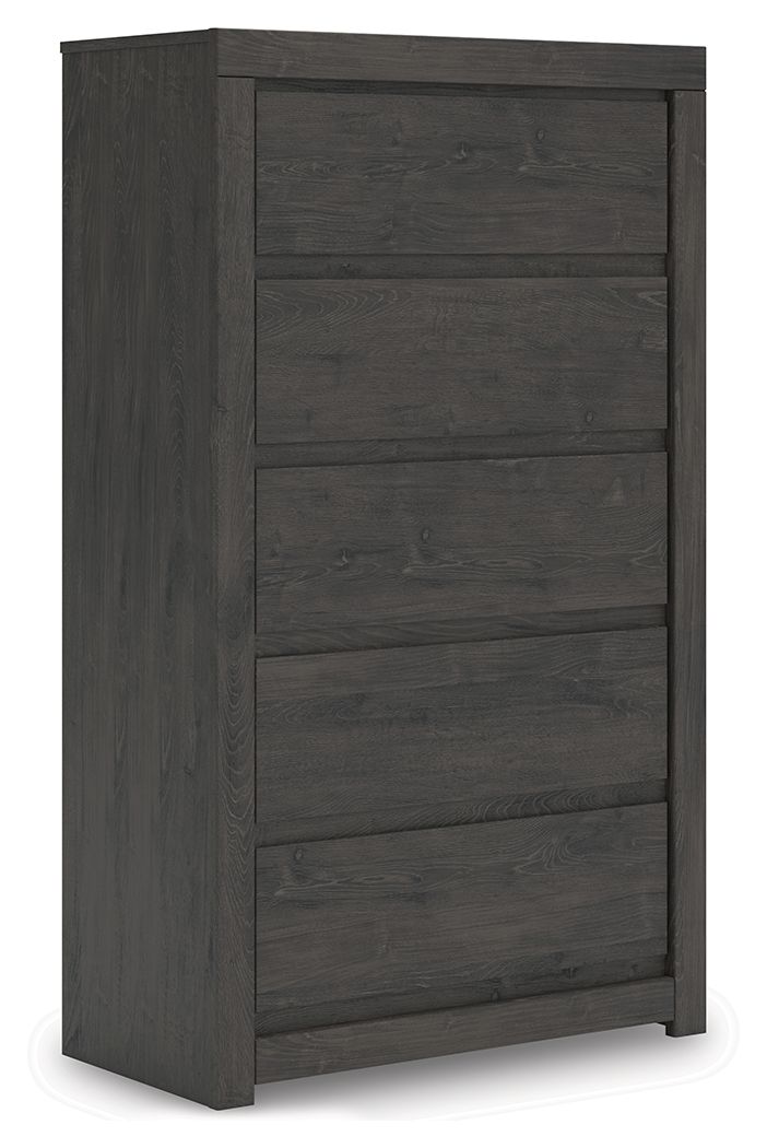 Charcoal five-drawer chest with rectangular drawer fronts and flat top panel