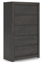 Charcoal five-drawer chest with rectangular drawer fronts and flat top panel