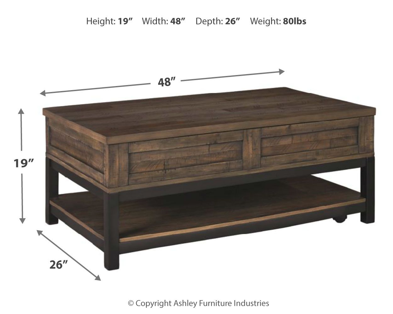Lift-top cocktail table in grayish-brown wood with two-tier base and solid legs