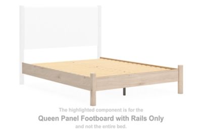 Queen panel footboard with rails in light tan wood finish, with bed rail supports