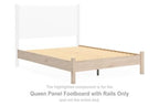 Queen panel footboard with rails in light tan wood finish, with bed rail supports