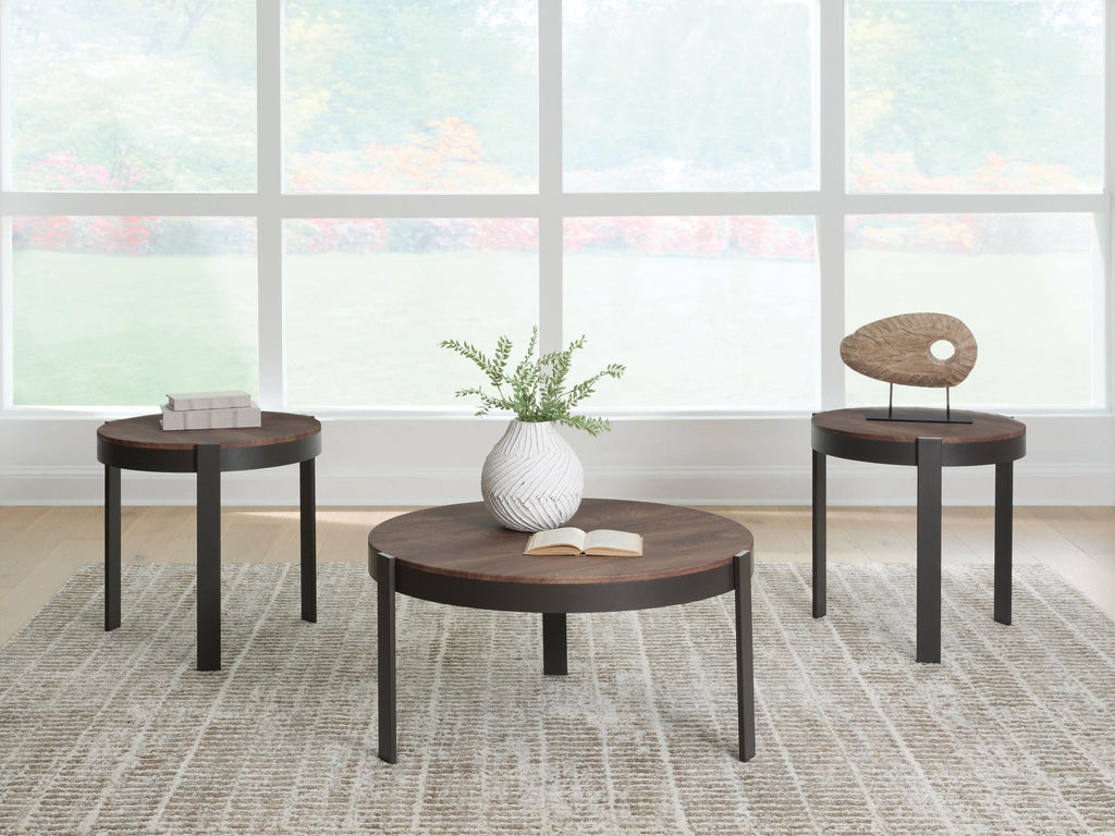 Set of three round occasional tables with brown tops and black metal legs