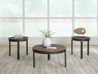 Set of three round occasional tables with brown tops and black metal legs