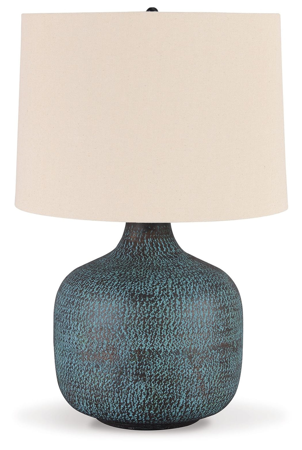 Table lamp with teal metal patina base and off-white fabric drum shade