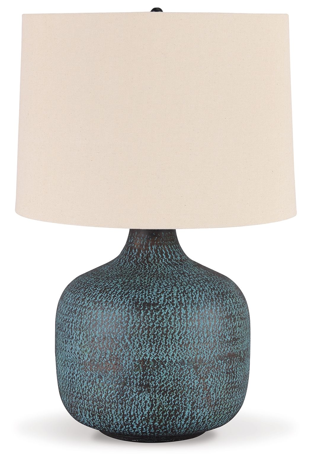 Table lamp with teal metal patina base and off-white fabric drum shade