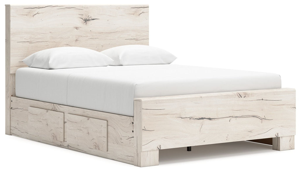 Beige panel bed with under-bed storage compartments and simple upholstered frame