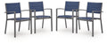 Set of four blue sling armchairs with gray metal frames and armrests