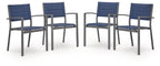 Set of four blue sling armchairs with gray metal frames and armrests