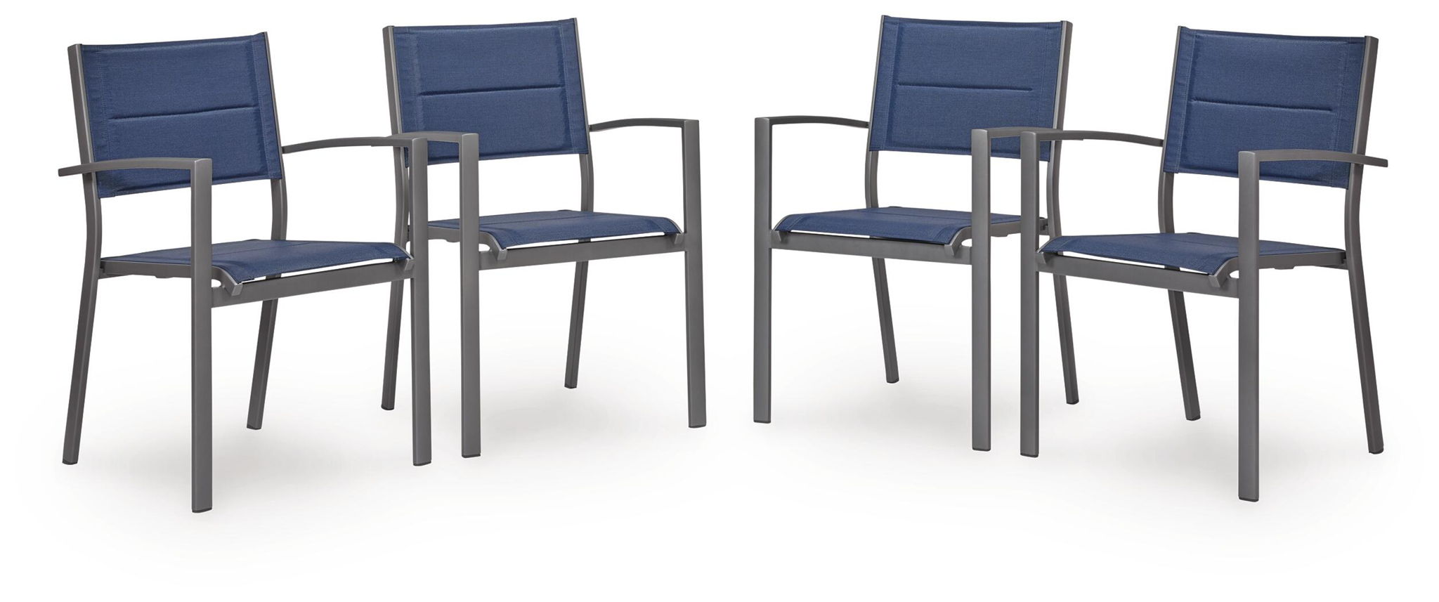 Set of four blue sling armchairs with gray metal frames and armrests