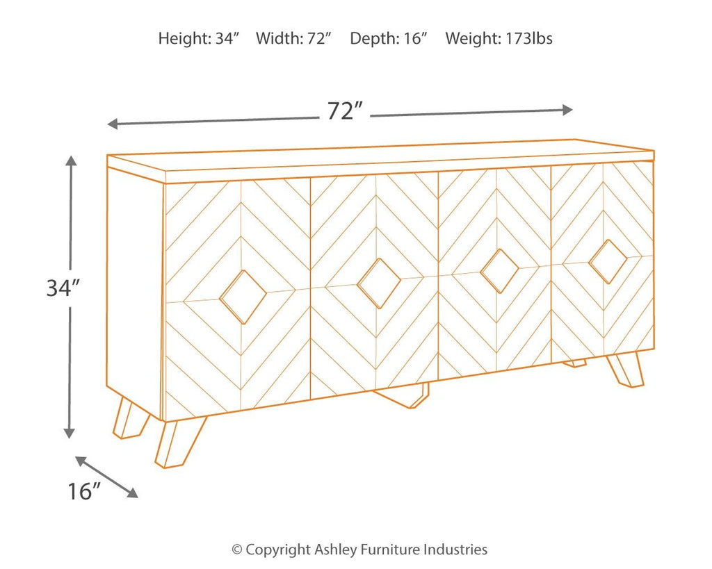 Accent cabinet front with chevron-and-diamond pattern, black legs; 72 in wide