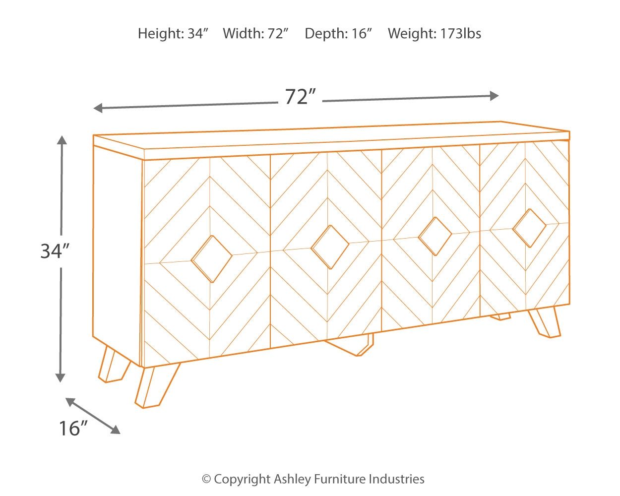 Accent cabinet front with chevron-and-diamond pattern, black legs; 72 in wide