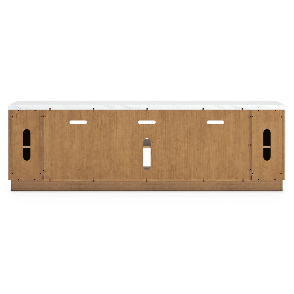 Light brown TV stand with rear access panel, vent openings, and cable cutouts