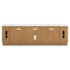 Light brown TV stand with rear access panel, vent openings, and cable cutouts